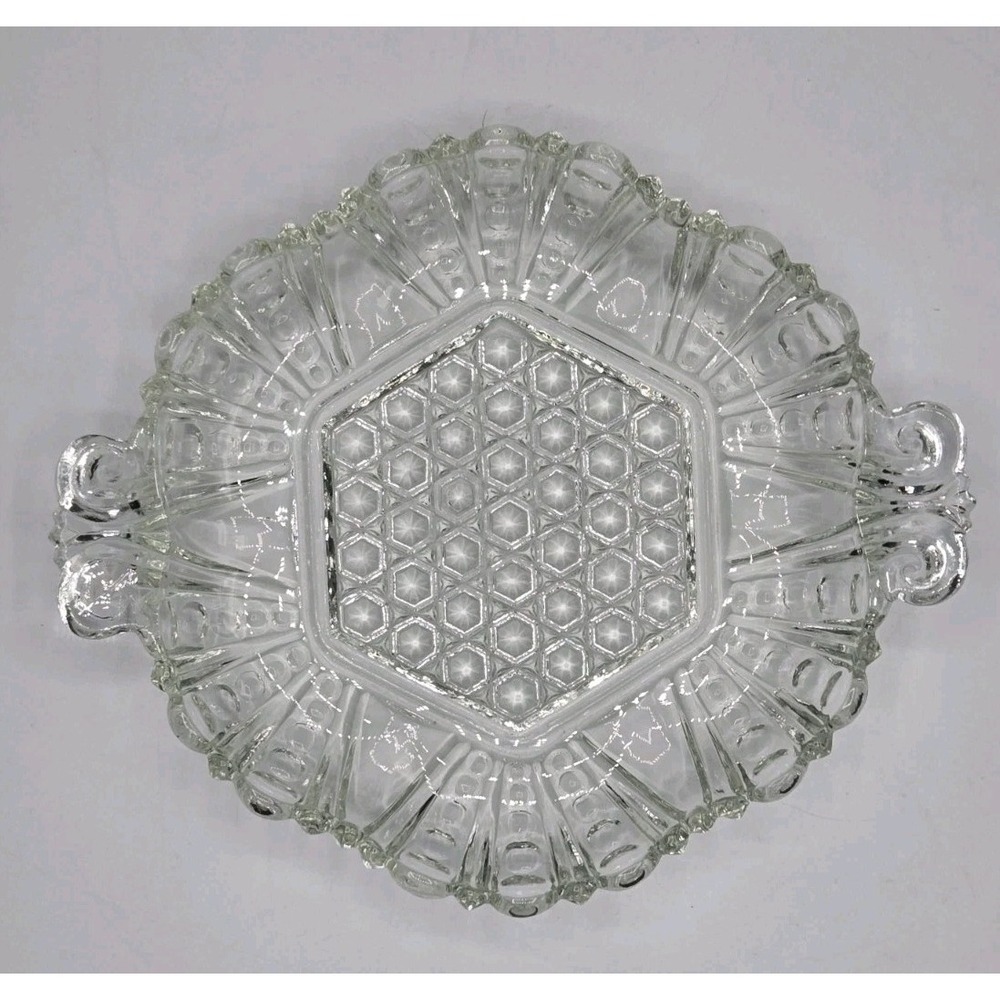 Vintage Pressed Cut Glass Double Handled Elegant Hexagon Relish/ Candy Dish EUC